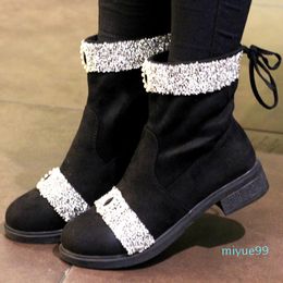 Boots Girl's Bling Gem Rhinestone Embellished Ankle Sequins Women Low Heels Winter Plush Female Back Bowtie Short