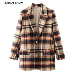 Boyfriend Woollen Blend Cheque Plaid Blazer Wide Shoulder CHIC Women Long sleeve Loose Suit Casual Coat Outwear 210429