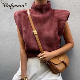 Colysmo Sweater Vest Turtleneck Women Sleeveless Solid Colour Shoulder Pad Casual Top Knit Pullover Lady Fashion Jumper Fall 210527