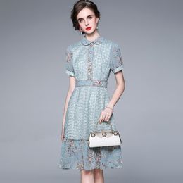 Fashion Designer Summer Party Dresses Vintage Women Chiffon patchwork Lace Elegant Ruffles Office OL Dress 210518
