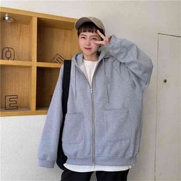 Autumn Winter Women's Jacket Korean Style Solid Colour Loose Zipper Sweatshirts Slim and Versatile Female Hooded Tops LL806 210506