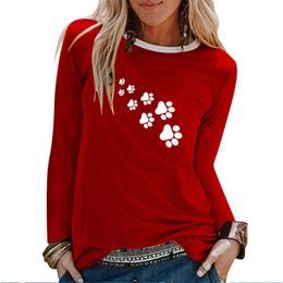 Bear Paw Print Long Sleeve T-shirts Women Autumn Winter Shirts for Women Loose White Round Neck Tops for Girls Mujer Camisetas Y0629