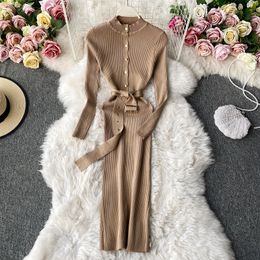 Autumn new design women's stand collar single breasted long sleeve knitted bodycon tunic with belt sashes midi long sweater dress