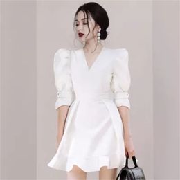 White Elegant Dress For Women V Neck Half Sleeve High Waist Sashes Dresses Female Fashionable Clothing Spring 210603