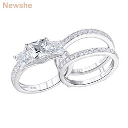 she Trend 3 Princess Cut AAAAA CZ 925 Sterling Silver Wedding Rings Set For Women Engagement Ring Guard Adjustable Band 211217