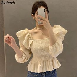 Korean Pleated Square Collar Blouse Cropped Shirt Causal Puff Sleeve Women Top Spring Summer Korean Blusa Mujer 210519