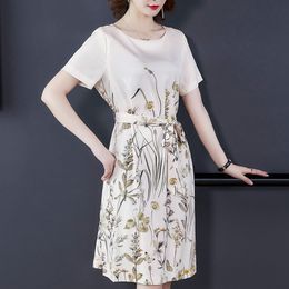 Korean Heavyweight Silk Dress Women Print es Woman Satin Plus Size High Waist Bow Floral es XXL 210427