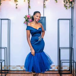 Aso Ebi Cocktail Dresses Blue Mermaid Evening Dress Appliques Plus Size Simple Formal Women Prom Gowns Custom Made M411