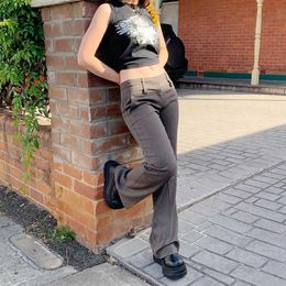 Brown Low Rise Flare Pants Y2k Clothes Womens Fairy Grunge Wide Leg Trousers Cute Bottoms Spring 2021 Q0801