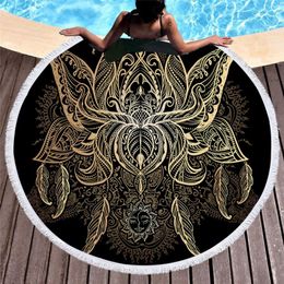 Towel UJXS Round Blanket Bronzing Floral Printed Hanging Ball Tassel Bath Yoga Mat Beach Tapestry 150CM