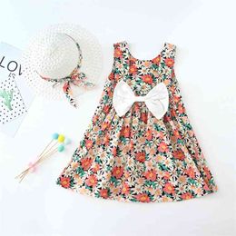 Girl Dress Summer Sleeveless Bowknot Daisy Children Holiday Style Print Clothes + Free Hat 210515