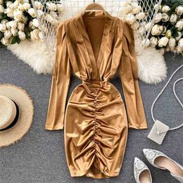 Spring Autumn Sexy Dress Women V Neck Long Sleeved Folds Bodycon es Ladies Fashion Golden Party Vestido 210525