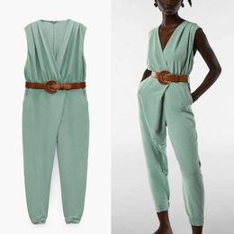 Summer Belted Wrap Za Jumpsuit Women Vintage Sleeveless Ruching Office Lady Jumpsuits Chic Back Zip Woman Elegant Playsuit 210602