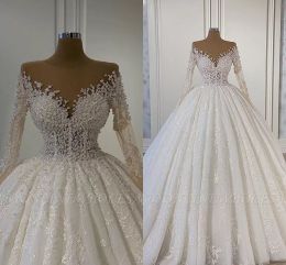 Sequins Wedding Applique Dresses Ball Gown Long Sleeves Custom Made Sweep Train Lace Up Back Jewel Neck Vestido De Novia