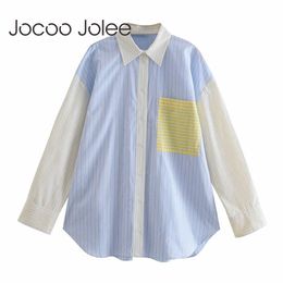 Jocoo Jolee Stripe Patchwork Loose Hit Colour Button Polo Neck Casual Elegant T-Shirt Basic Preppy Style Regular Straight Blouse 210619