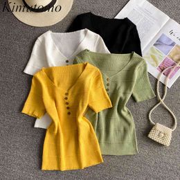 Kimutomo Elegant V-neck T-shirt Women Short Sleeve Buttons Slim Waist All-matching Tops Knitwear Fashion Spring Summer 210521