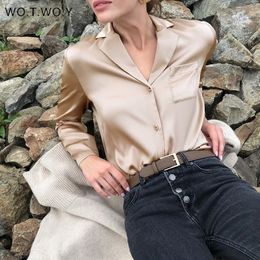 WOTWOY Office Ladies Elegant Button Up Silk Blouses Women V-Neck White Satin Blouse Shirt Women Spring Pocket Long Sleeve Shirts 210317