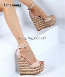 Summer Style Suede Leather Ankle Strap High Platform Wedge Sandals Fashion Super Straw Stripe Heel
