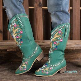 Women boots shoe PU leather mid heels gladiator ethic embroidery shoes Customise booties woman mujer mujerD1743