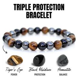 triple protection bracelet Canada - Link, Chain Fashion Natural Stone Bracelet Tiger Eye Triple Protection 8mm 10mm Hematite Black Obsidian Elastic Jewelry