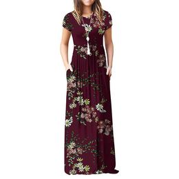 GULE Short Sleeve Summer Pleated Empire Waist Round Neck Floral Maxi Long Pockets Dress X0521
