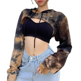 Hirigin 2020 Women Short Sweatshirts Female Hoodies Tie-dye Sweatshirt Fashion Crop Top Jumper Pullover Tops Clubwear Tank Top X0507