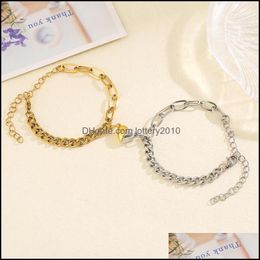 Link Bracelets Jewelrylink Chain 2Pcs/Set Stainless Steel Heart Bracelet Gold Sier Color TwoPiece Couple Lock For Women Girls Valentines