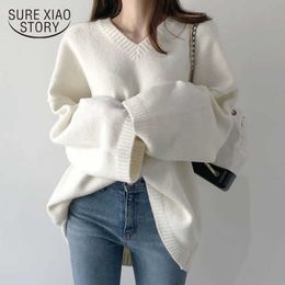 Autumn Winter Plus Size Knitted Sweater Women Loose V-neck Pullover Women Sweater Casual Vintage White Sweater Jumper 11124 210528