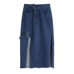 Women Blue Denim Empire Zipper Midi Skirt Straight Casual Autumn Elegant Striaght Splited S0228 210514