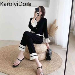 Women Autumn Knit Flare Sleeve Cardigans Loose Pleated Hem Pants Sets V Neck Single Breasted Knitted Tops Ankle-Length Pant Suit 210520