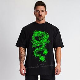 Green Dragon Men Plus Size T Shirts Black Cotton T-shirt Oversize Tops Tee for Big Tall Man Workout Street Suits Short Sleeve 210707