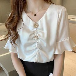 Blouse Women Blusas Short Sleeve White Shirts V-neck Chiffon Shirt Tops Blusa s D312 210426