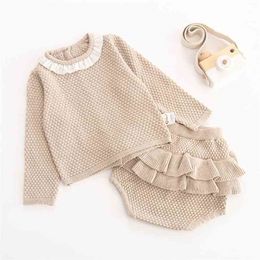 Spring Autumn Infant Baby Girls Knit Long Sleeve Pure Colour Coat + Lotus Leaf Pants Clothing Sets Kids Girl Suit Clothes 210521