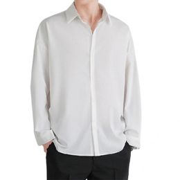 Men's Casual Shirts Korean Fashion Drape For Men Long Sleeve Shirt Turn-down Collar Soft Buttons Closure Solid Colour Top
