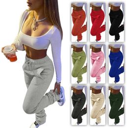 Women Pants Solid Colour stacked sweatpants Heavy Sweater Fabric Sports Casual pleated Slim Trousers Stack With Pockets Ladies Fashion Leggings