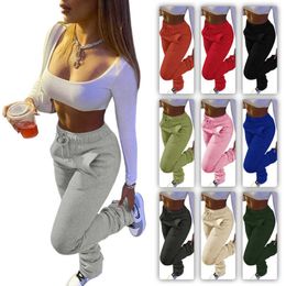 Frauenhosen Feste Farbe Stapelte Jogginghosen schwerer Pullover Stoff Sport lässig Falten -Slim -Hosen Stapel mit Taschen Ladies Mode Leggings