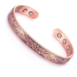 Vintage Plum Blossom Magnetic Red Copper 6 Magnetic Bangle Adjustable Pure Copper Bracelet for Women Magnetic Ring Q0719