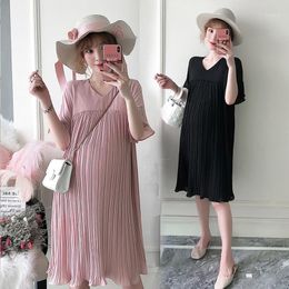 Maternity Dresses Large Yard Dress 200 Pounds Summer Pleated Chiffon Pregnant Women Short-sleeved A