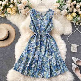 Women Oil Painting Dress Summer Lady Fashion Sexy Round Neck Lace-up High Waist Slim Sleeveless Vest Floral Vestidos N253 210527