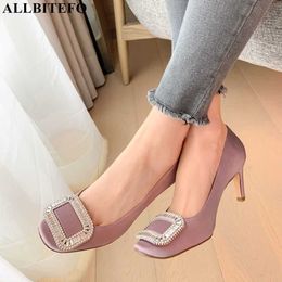 ALLBITEFO design silk + genuine leather women heels shoes thin heel stiletto fashion party wedding shoes high heels 210611
