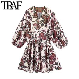 Women Chic Fashion Paisley Print Mini Dress Vintage Three Quarter Sleeve Elastic Waist Female Dresses Vestidos 210507