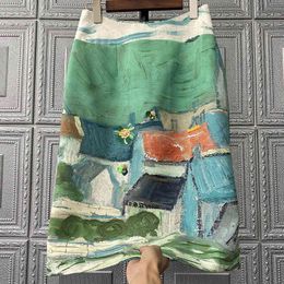 Green Contrast Color High Waist Half-body Skirt Women Summer Retro elegant abstract pattern ink print skirt F0721 210510