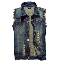 2021 Ripped Jean Jacket Men's Denim Vest Hip Hop Jean Coats Waistcoat Men Cowboy Brand Sleeveless Jacket Male Tank Plus Size 6XL Y1122