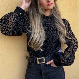 Elegant Women Leopard Lace Shirts Fashion Ladies Ruffles Patchwork Tops Streetwear Female Chic Puff Sleeve Blouses 210527