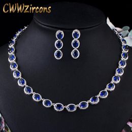 Earrings & Necklace CWWZircons White Gold Colour Round Royal Blue Cubic Zircon Crystal Big And Jewellery Sets For Women Wedding T481