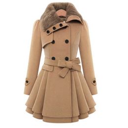 Elegant Lapel Button Winter Warm Fur Overcoats Women Slim Double-Breasted Woollen Coat Fashion Trench Lace-Up Ruffle Jackets 210930