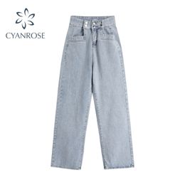 Autumn Woman Jeans High Waist Wide Leg Denim Korean Style Vintage Casual Loose Fashion Simple Boyfriend Long Pants Chic 210515