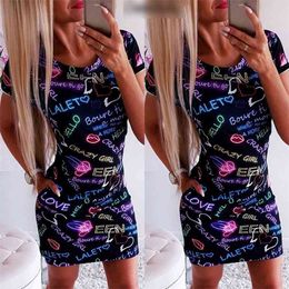 Women Pencil Dress Fashion Ladies Bodycon Short Sleeve O-Neck Letter Print Party Clubwear Summer Mini Elegant Clothing 210522