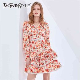 Floral Dress For Women V Neck Long Sleeve High Waist Print Hit Color Mini Dresses Female Autumn Clothing 210520