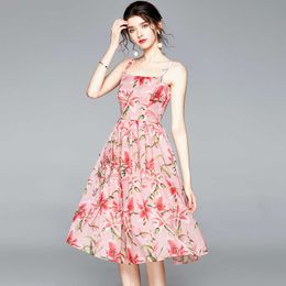 Women Summer Designer Elegant Pink Sweet Print Dress Fashion Sexy Cocktail Party Robe Ladies Floral Pleated Dress Vestidos 210525